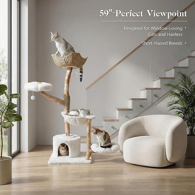59" Modern Cat Tree Tower for Large Cats w/2 Flower Perches-Natural Solid Wood Scratching Post with Real Branch-Luxury Boho Cat Furniture w/Condo & Wicker Basket Bed, Cloud White
