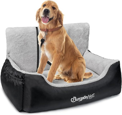 BurgeonNest Dog Car Seat for Medium/Large Dogs Under 55 lbs, Soft Pet Car Travel Home Bed, Fully Detachable and Washable Booster Carseats with Storage Pockets and Clip-On Leash Portable Carrier,Black