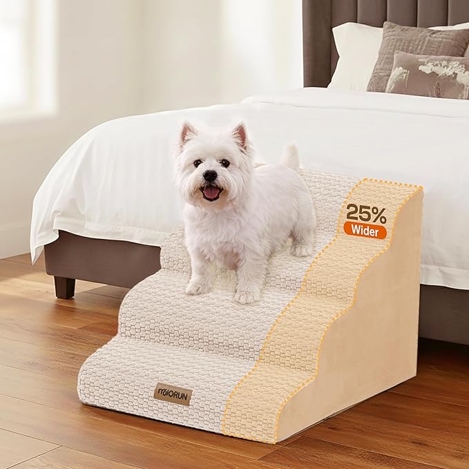 Extra Wide 4-Step Dog Stairs for Bed & Couch up to 20" H, More Stable Non-Slip Cat Steps with Balanced Foam Structure, Stylish Indoor Dog Steps for Senior Dogs and Cats, Beige