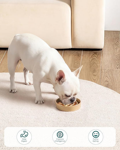 vancasso Slow Feeder Dog Bowl, 0.6 Cup Ceramic Slow Feeding Food Dish for Small Breed, Puzzle Dog Food Bowl for Fast Eater, Brown