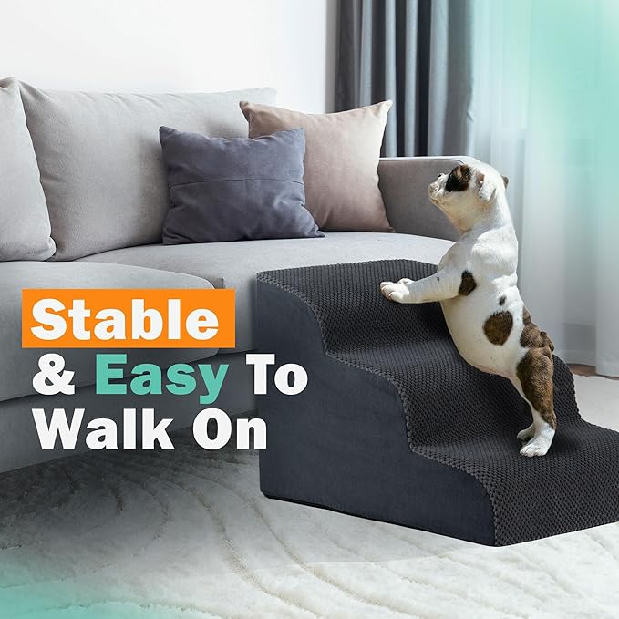 GARMART 3-Step Dog Stairs for Bed with Washable Cover, Durable High Density Foam Pet Ramp for Small Dogs, Gray