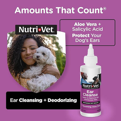 Nutri-Vet Ear Cleanse for Dogs, Liquid Ear Cleanser with Soothing Aloe and Salicylic Acid, Removes and Cleans Wax, Dirt, and Debris, Deodorizes, and Itch Relief, Gentle Veterinarian Formulated, 8oz