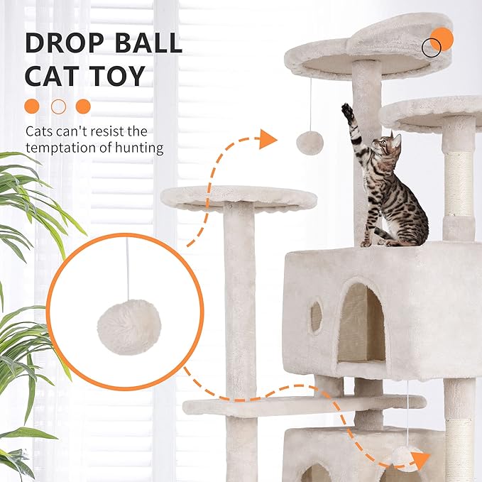 BestPet | 54" Cat Tree Tower | Beige | Sturdy, Easy to Assemble, Multi-Level Activity Center with Sisal Scratching Posts, Condos, Perches, Hanging Cat Toys, Observation Decks & Ladder