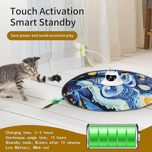 Interactive Cat Toy for Indoor Cats – Rechargeable Hide & Seek Toy for Bored Adult Cats, Touch Activated, Fluttering Feather & Butterfly, 360° Random Motion, Remote Control – Starry Night Design