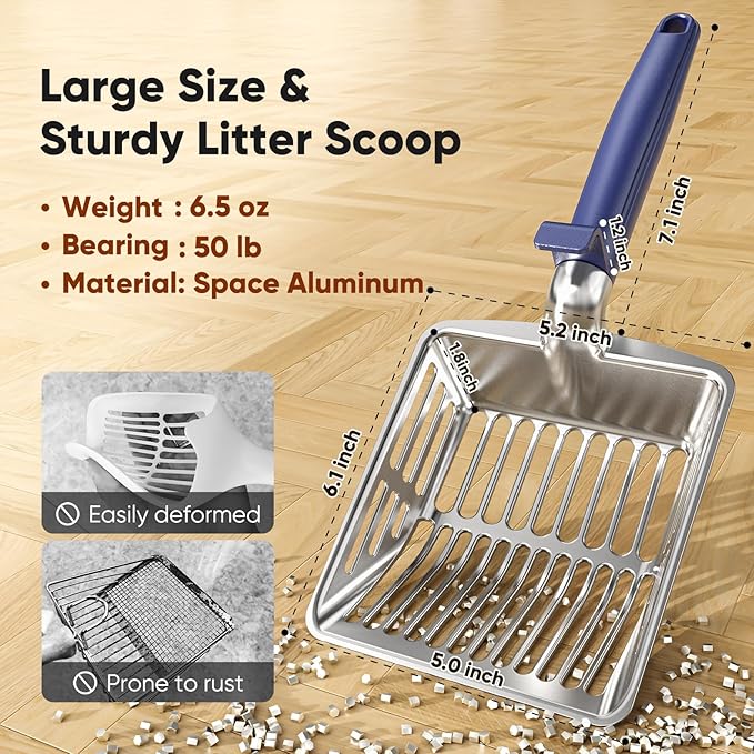 Metal Cat Litter Scoop, Large Cat Scooper with Deep Shovel & Dual Sifting Holes for Fast & Precise Sifting, Space Aluminum Kitty Litter Scooper with Long Handle & Easy-to-Hang Hook - Blue