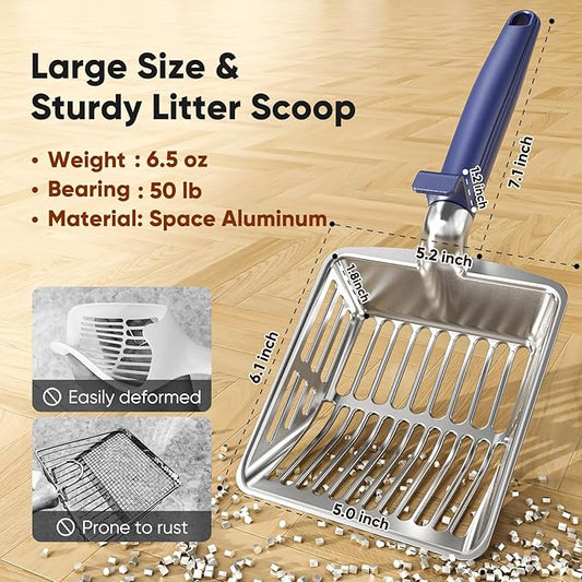 Metal Cat Litter Scoop, Large Cat Scooper with Deep Shovel & Dual Sifting Holes for Fast & Precise Sifting, Space Aluminum Kitty Litter Scooper with Long Handle & Easy-to-Hang Hook - Blue