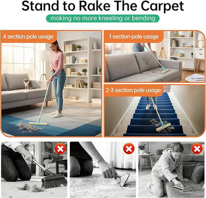 Carpet Rake for Pet Hair Removal - Reusable Uproot Clean Pet Hair Remover, 63” Adjustable Long Handle Cat Dog Carpet Rake Scraper, Dog Hair Rake Brush for Rugs, Mats, Couch