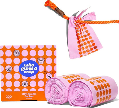Who Gives a Crap 100% Recycled Pet Waste Bags, 200 Count, 3L / 3 Quart, Designed to Help Resist Leaks and Tears, Tie Handle Poop Bags for Small and Large Dogs, Sustainable Unscented Dog Trash Bags