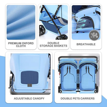 MoNiBloom Double Pet Stroller for 2 Small and Medium Dogs/Cats - 4-Wheel Foldable Design with One-Hand Quick Fold, 44 lbs Total Capacity, Adjustable Canopy & Dual Storage Baskets