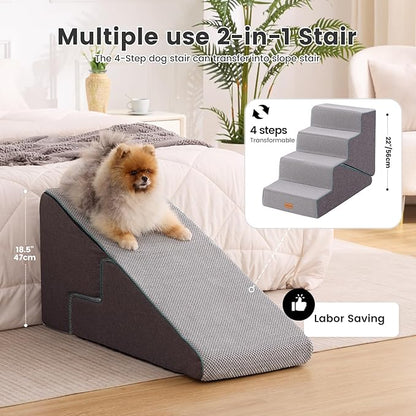 Gardner Pet Dog Stairs for Small Dogs 22" H, Large 2 in 1 Transformable 4-Step Pet Stairs and Dog ramp, Steps for Couch with Durable Non-Slip Waterproof Fabric Cover and Soft Foam, Grey
