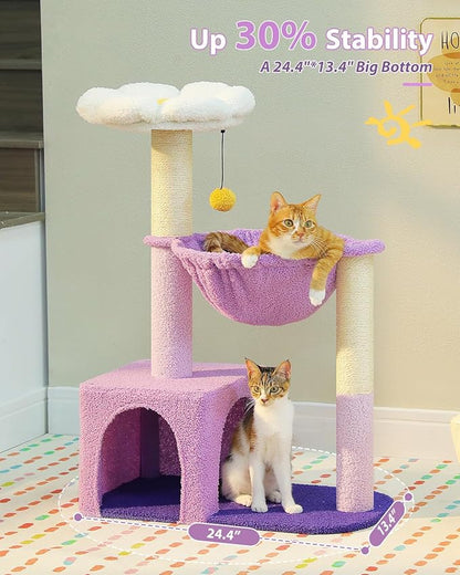 Purple Flower Cat Tree for Small Indoor Cats w/Large Metal Frame Hammock, 35" Cute Cat Tower with Sisal Scratching Posts, Cozy Condo with Cloud White Bed for Kittens