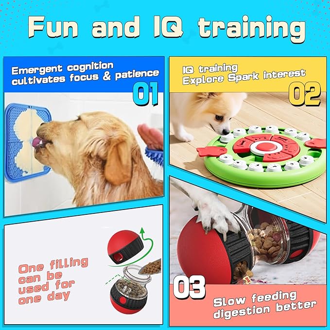5 in 1 Dog Puzzle Toy Set for Slow Feeding and Puppy IQ Training, Stimulating Cognitive Anxiety Relief and Keeping Dog Busy, Pet Interactive Toy, Treat Dispensing Ball and Lick Mat for Flur