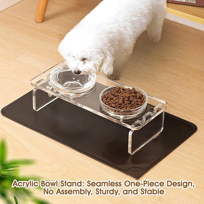 Elevated Dog & Cat Bowls – 3.75” Acrylic Raised Pet Feeder Stand with 2 Stainless Steel & 2 Glass Bowls – Food & Water Dish Set for Puppy/Small Dogs & Cats