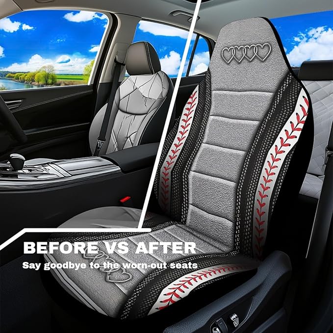Love Heart Car Seat Covers Baseball Print Universal Bucket Seat Cover Waterproof Anti-Slip Automotive Accessories Suitable for Cars, SUV and Trucks