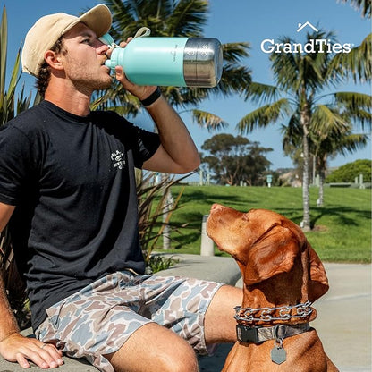GrandTies Insulated Portable Dog Water Bottle with 2 Detachable Water Bowl Dispenser | Leak-Proof Dog Food Travel Container | Accessories for Dogs Walking, Hiking, Camping (32oz, Powder Green)