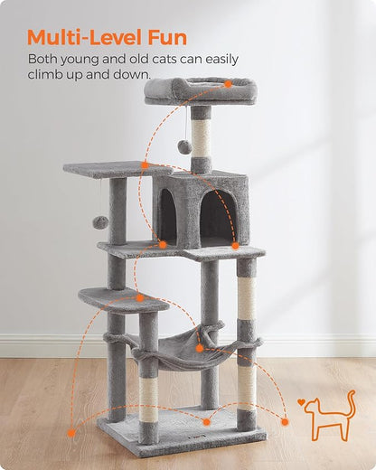 Feandrea Cat Tree, 55.1-Inch Cat Tower, Plush Multi-Level Condo with 4 Scratching Posts, 2 Perches, Hammock, Cave, Light Gray UPCT161W01