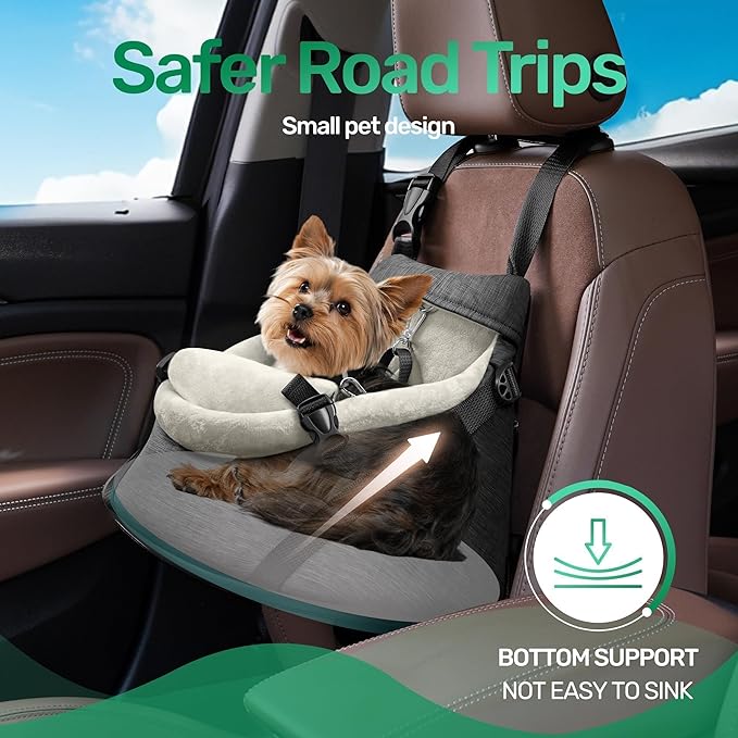 YUDODO 1-7lbs Tiny Dog Car Seat for Teacup Chihuahua Yorkie Luxury PU Leather Small Dog Booster Seat with Safety Belt, Soft Cushion, Gray