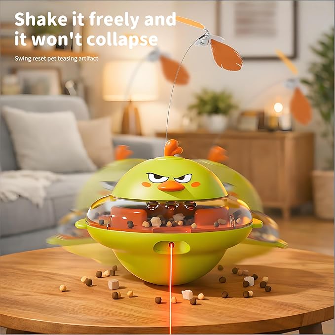 hooroor 4-in-1 Automatic Cat Toy, Interactive Laser & Feather Teaser with Bird Sounds & Treat Reward, Self-Balancing 360° Spinning Enrichment Exercise Toy for Bored Indoor Cats & Kittens