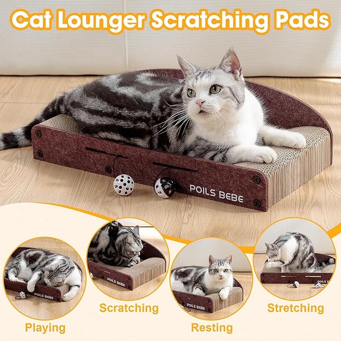 Poils Bebe 26 Inch Sofa Cat Scratcher, Small Cat Scratcher Cardboard with Bell Balls, Durable Couch Lounger for Indoor Cats, Cat Scratch Furniture Protector with Catnip, Cat Toys