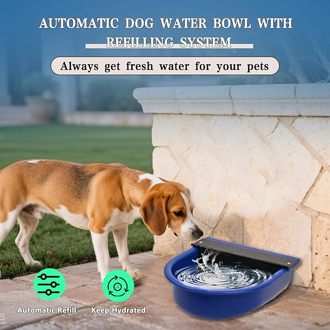 Automatic Dog Water Dispenser with Drain Valve, 1 Gallon Outdoor Auto Water Dog Bowl with Float Valve, Automatic Chicken Waterer with Hose Quick Connector, for Horse, Poultry (Blue)