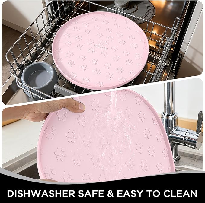 Comtim Waterproof Dog Food Mat - 2 Pack Silicone Pet Food Mat Dog Food Bowl Mats Cat Water Mats Eating Tray, Non-Slip Pet Placemat with Lip for Messy Drinkers to Protect Floor,Pink 11"×11"