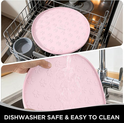 Comtim Waterproof Dog Food Mat - 2 Pack Silicone Pet Food Mat Dog Food Bowl Mats Cat Water Mats Eating Tray, Non-Slip Pet Placemat with Lip for Messy Drinkers to Protect Floor,Pink 11"×11"