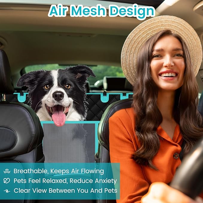 Dog Car Seat Cover for Back Seat, Car Seat Protector for Dogs, Hard Bottom Supports 450 lbs, Triple Waterproof, Non-Slip, Exclusive Zipper Design for Child Seat & Dog Seat Belt