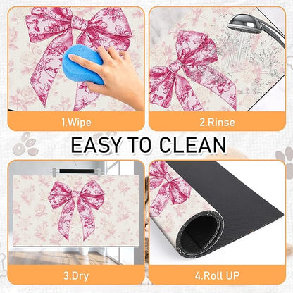 Dog Bowl Mat for Food and Water - Hamdwerk Absorbent Anti Slip Cat Feeding Mats for Floors, Quick Dry Pet Dog Feeding Matts, Diatomite Pet Dish Placemat Supplies, Coquettee Bow Style, 17 * 30in