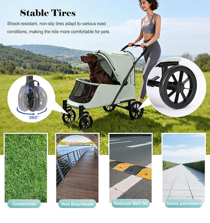 Pet Stroller with Ramp for Large Dogs up to 132lbs, Large Pet Gear for Multiple Dogs/Cats, All-Terrain with Mesh Dual-Window & NO-Zip, Removable Mattress & Slope Pad(Lake Green)