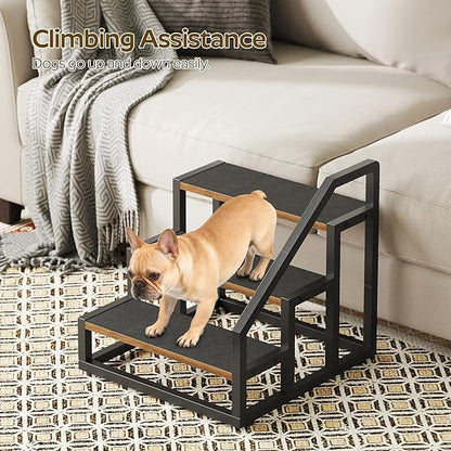 Dog Stairs for Small Dogs, 3-Steps Dog Steps for High Beds and Couch, 20.5”H Pet Steps with Non-Slip, Rustic Brown and Black LT11BR