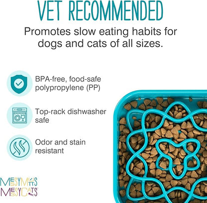 Messy Mutts and Cats Interactive Square Slow Feeder | Blue (2 Cup) | 8” x 8” Square Puzzle Slow Feeder for Dogs/Cats | Enrichment Food Dish for Slow Eating, Bloating