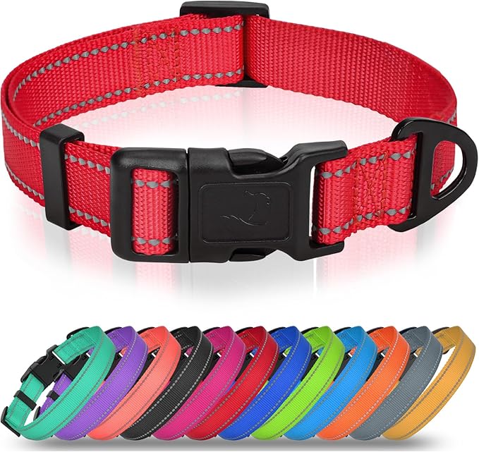 Joytale Dog Collars for Medium Dogs, Comfortable Double-Sided Reflective Nylon Collar for Night Safety, Adjustable Quick-Release for Active Pets, Red, M (1" Width)