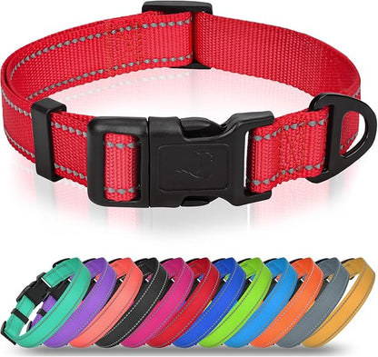 Joytale Dog Collars for Medium Dogs, Comfortable Double-Sided Reflective Nylon Collar for Night Safety, Adjustable Quick-Release for Active Pets, Red, M (1" Width)