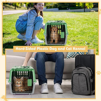 2 Set Travel Pet Carriers for Small Cat Dog Plastic Hard Shell Carrier Cat with Bowl Wire Door Grille Mat Portable Breathable Security Lock Puppy Kennel for Travel Airline, 17.5", up to 13lbs(Green)