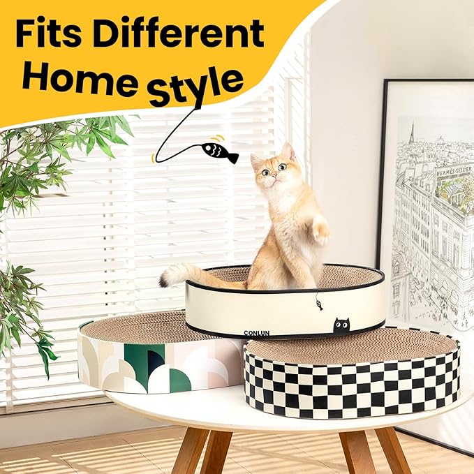 Large Oval Cat Scratcher Bowl, Cardboard Cat Scratching Pad & Lounge Bed, High-Density Reversible Cat Nest for Large Indoor Cats, Furniture Protector with Ergonomic Curve, Gift Catnip Included