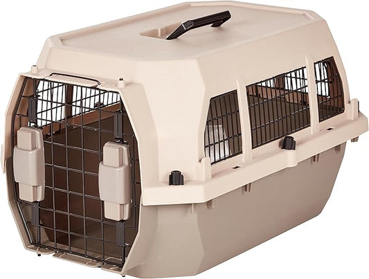 Amazon Basics Hard-Sided Dog and Cat Kennel, Single-Door Travel Pet Carrier with Metal Wire Ventilation, 23.6"L x 15.7"W x 13"H, Beige