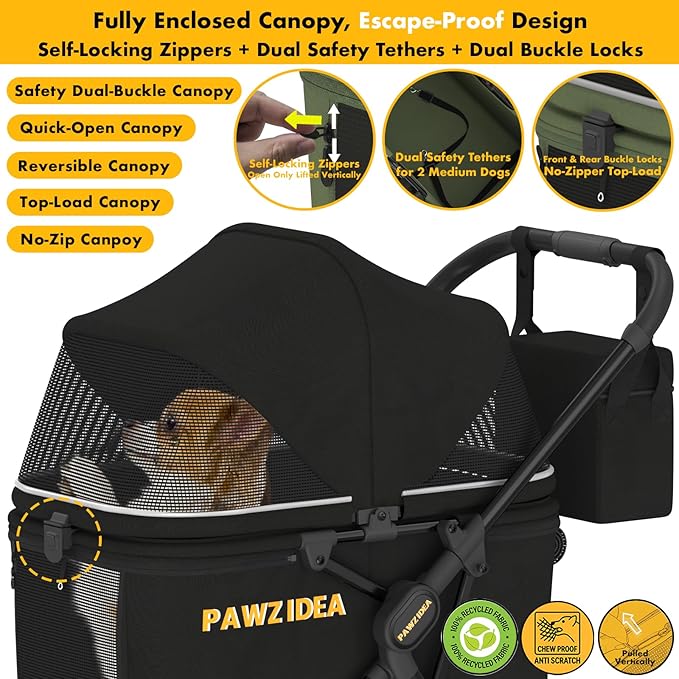 PAWZIDEA Large Dog Stroller up to 80 lbs, No-Zip 180° Reversible Canopy Lockable, Lightweight Pet Stroller for 2 Medium Dogs, One-Hand Foldable, Low-Entry, All-Terrain Jogger Wheels, Storage Organizer