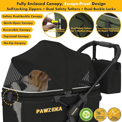 PAWZIDEA Large Dog Stroller up to 80 lbs, No-Zip 180° Reversible Canopy Lockable, Lightweight Pet Stroller for 2 Medium Dogs, One-Hand Foldable, Low-Entry, All-Terrain Jogger Wheels, Storage Organizer