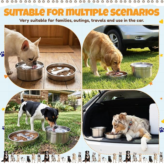 Vesici Slow Feeder Dog Bowls Set 3.2l No Spill Water Bowl and 2 Cups Stainless Steel Dog Slow Feeder Food Bowl Puppy or Cat Food Holder Dishwasher Pet Supplies