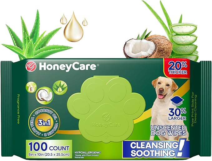 HONEY CARE Disposable Pet Wipes for Dogs & Cats – Cleansing & Soothing, Fragrance-Free, 100 Wipes for Paws, Butt & Body Cleaning