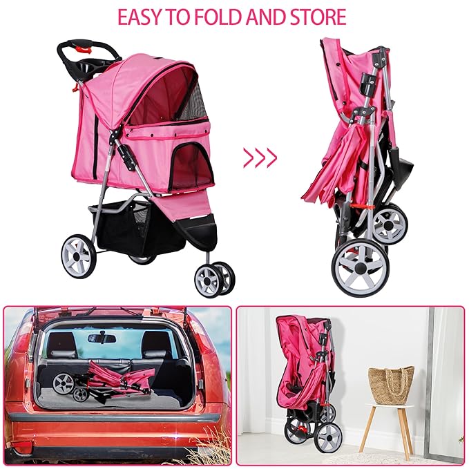 ZENY Foldable Pet Stroller, Cat/Dog Stroller with 3 Wheel, Pet Strolling Cart, Dog Travel Carrier with Storage Basket + Cup Holder (Pink)