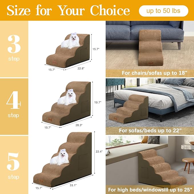 Dog Stairs for Small Dogs, Wide Pet Step with Removable Cover, No Assembly High Density Foam Cat Ramp for Bed or Sofa, 5-Step, Light Brown