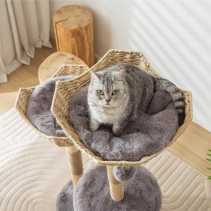 Modern Cat Tree for Indoor Cats Large Adult, 46.5" Tall Wooden Cat Tower for Large Cats with Scratching Post, Luxury Cat Condo, Grey
