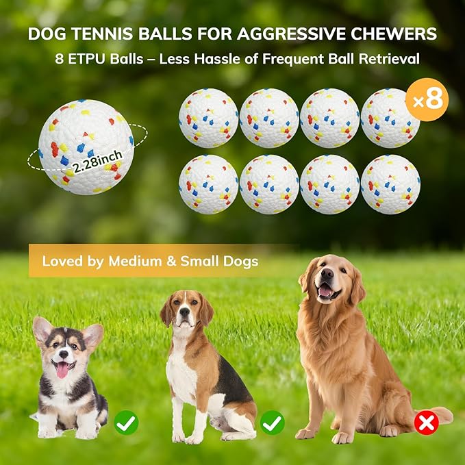 8 Pack Dog Balls, Dog Toy Balls 2.28'' - Indestructible Dogs Ball for Aggressive Chewers, Small Tennis Ball for Dogs(Small/Medium), Fit Same Listing Automatic Launcher Only ETPU Material