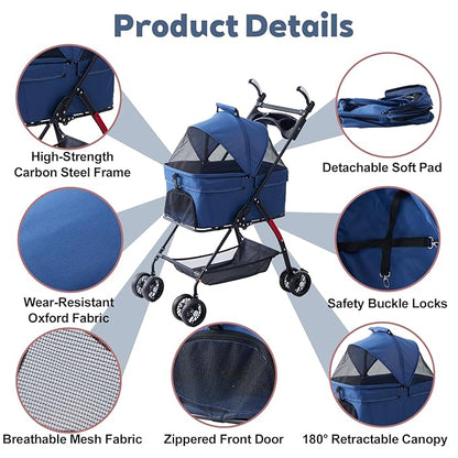 4 Wheels Blue Foldable Pet Stroller with Storage Basket, Cup Holder & Breathable Mesh for Small/Medium Dogs and Cats