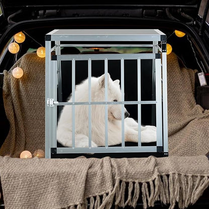 Large Dog Crate for Travel - 36" Heavy Duty Aluminum & MDF Pet Carrier with Lockable Door, Wide Ventilation Grids - Black & Silver Indoor Outdoor Kennel for Medium Large Dogs