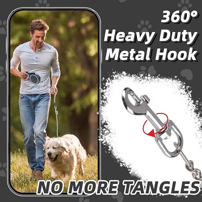 PupTeck Retractable Dog Leash with Chew Proof Chain, 360 Tangle-Free Pet Walking Leash, Heavy Duty up to 110lbs, 16ft Strong Nylon, One-Hand Brake Black