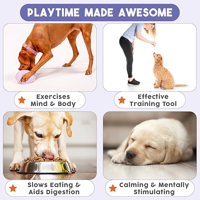 Awoo Flying Saucer Toy - 3-in-1 Silicone Dog Treat Puzzle, Lick Mat and Slow Feeder - for Wet and Dry Food - Dishwasher Safe Pet Toy - Enrichment Game for Dogs up to 30 lbs - Small (Lavender)