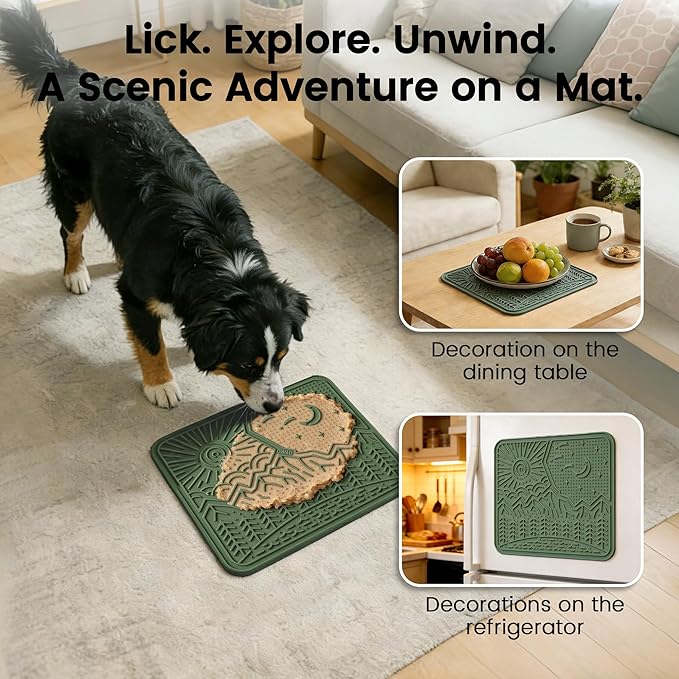 OHMO Lick Mat for Dogs and Cats Nature Design(Extra Large 1pc) Easy to Clean Pet Slow Feeder with Suction Cups, Enrichment for Anxiety Relief and Boredom Reduction(Olive Green)