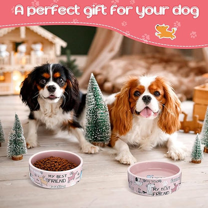 Maxcheck 2 Pcs 5 Inch Ceramic Dog Bowls Dishes for Small Dogs Cute Cartoon Pattern Puppy Cat Bowls Heavy Food Water Dishes for Pets Feeding Travel, Dishwasher Safe Microwave Safe(Pink)